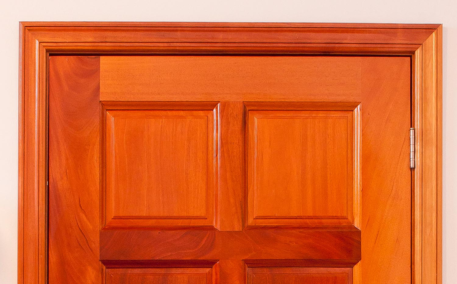 Standard six panel walk-through door, natural finish, figured mahogany