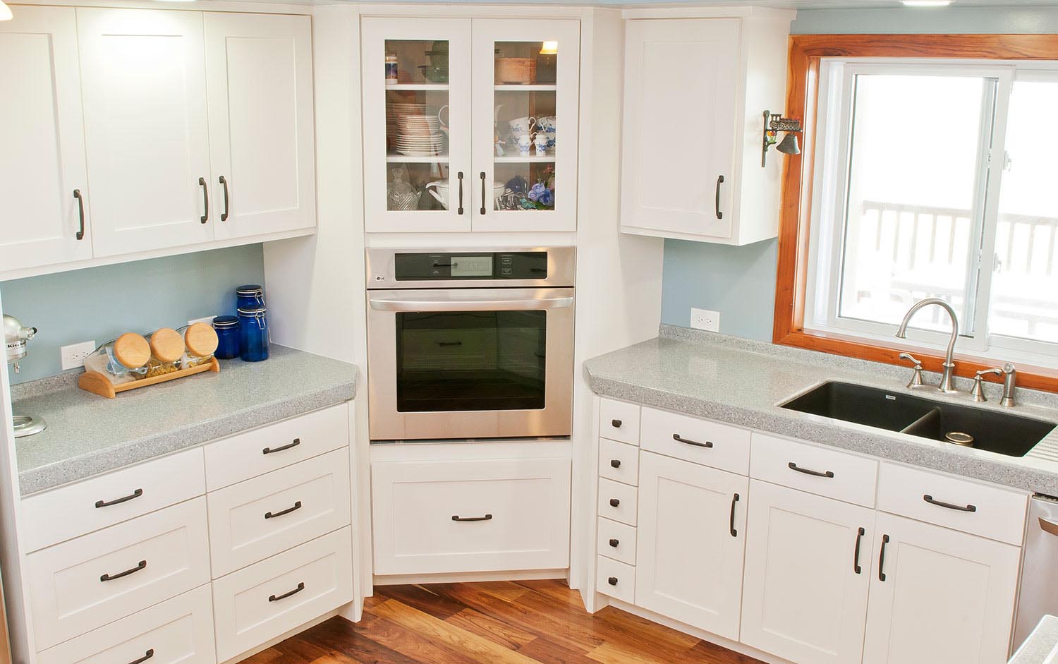 Kitchen cabinets, (left) pot drawer bank