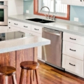 Kitchen cabinets, countertop, stools